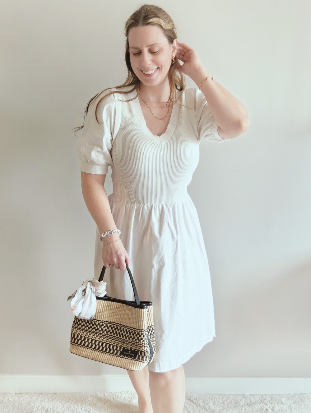 next White Ribbed Knit Puff Sleeve Mixed Media Dress | Size M | Quiet Luxury